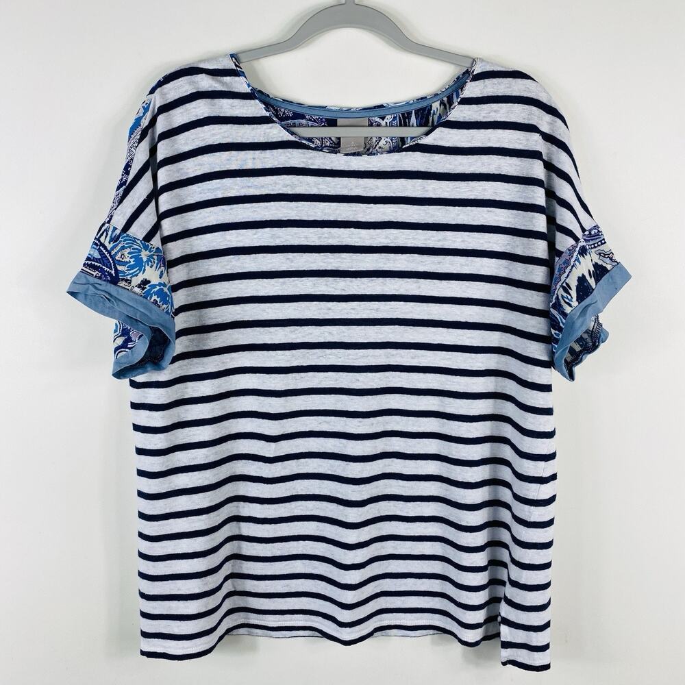 Chico's Top XL 3 16 Striped Linen Woven Detail White Blue